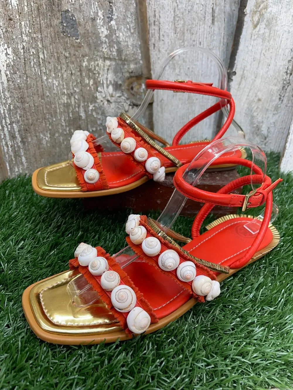 Tory Burch Sinclair Seashell Ankle-Wrap Sandal Coral Orange Red Women's 9.5M